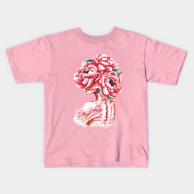 Pretty young girl with peonies in hair Kids T-Shirt by Olena Tyshchenko